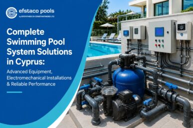 Complete swimming pool system solutions in Cyprus featuring advanced pool equipment, electromechanical installations, pumps, filtration systems, piping, and control systems.