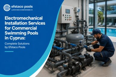 Professional electromechanical installation services for commercial swimming pools in Cyprus, featuring pool pumps, filtration equipment, piping, valves, and control panels.