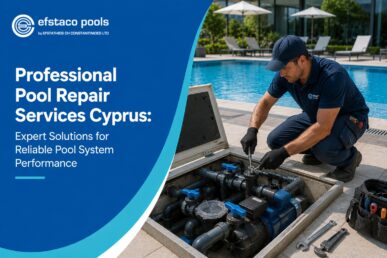 Professional pool repair services in Cyprus with an expert technician repairing swimming pool equipment, pumps, pipes, and fittings.