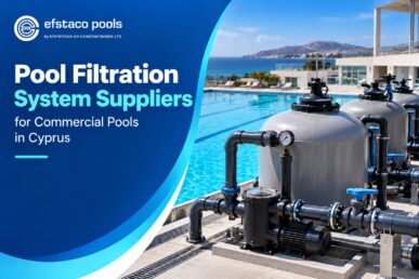 Commercial pool filtration system with pumps, filter tanks, valves and piping for swimming pools in Cyprus.