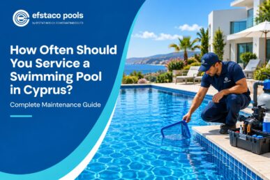 Professional swimming pool maintenance in Cyprus with a technician servicing a clean residential pool alongside filtration equipment and pool maintenance tools.
