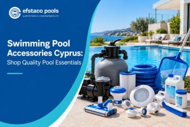 Swimming pool accessories in Cyprus including pool pumps, filters, hoses, skimmers, cleaning tools, fittings, lights, and maintenance supplies beside a luxury swimming pool.