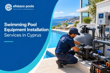 Professional swimming pool equipment installation in Cyprus showing a technician installing pool pumps, filters, pipes, valves, and control systems beside a modern swimming pool.